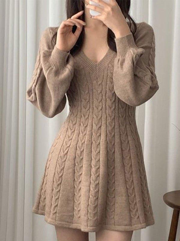 V Neck Long Sleeve Sweater Dress Product Image