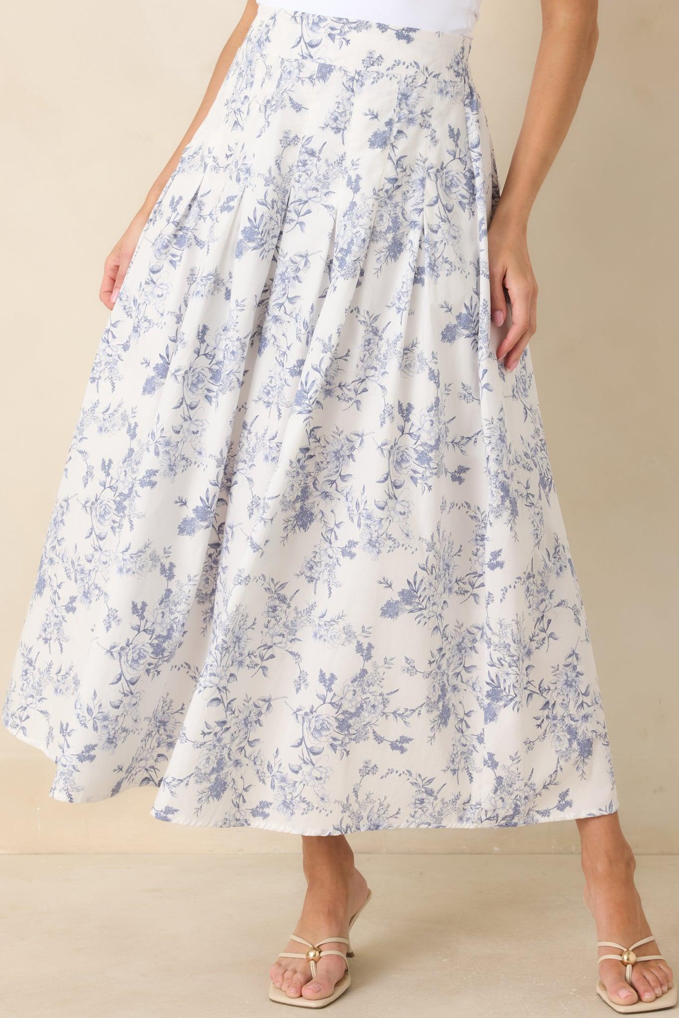 Once Upon a Daydream Blue & Ivory Floral Toile Cotton Maxi Skirt Product Image