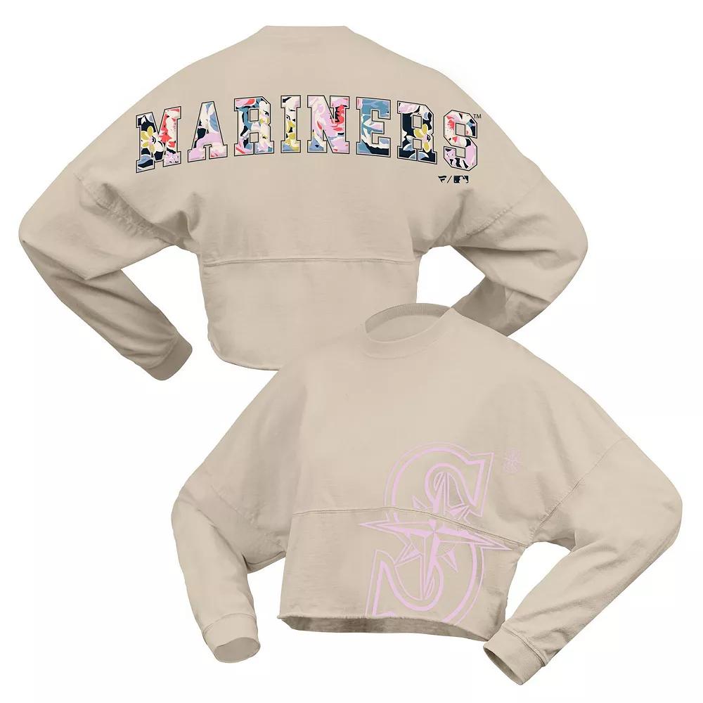 Women's Fanatics  Cream Seattle Mariners Floral Preppy Cropped Long Sleeve T-Shirt, Size: Medium, Beige Product Image