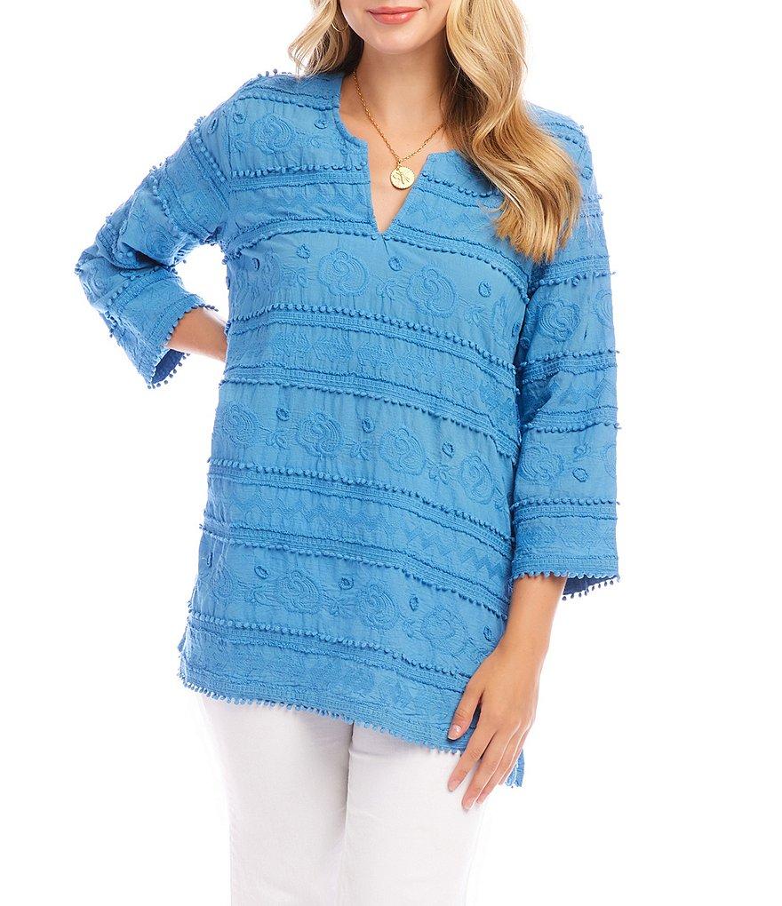 Karen Kane Embroidered Split-Neck 3/4 Flare Sleeve Tunic Product Image