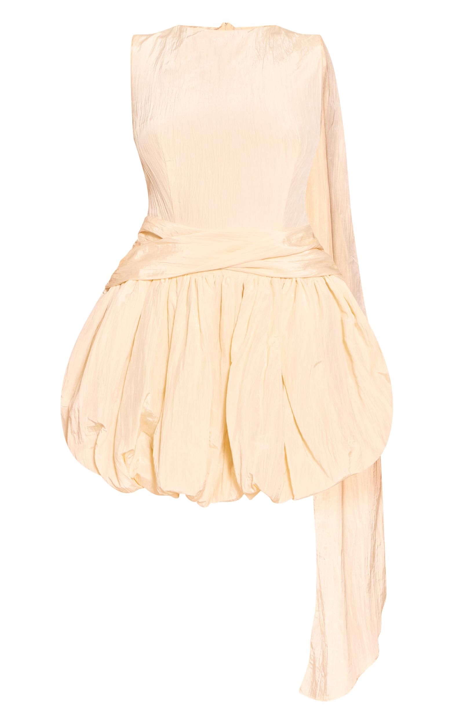 Cream Textured Wrap Draped Mini Puff Ball Dress Product Image