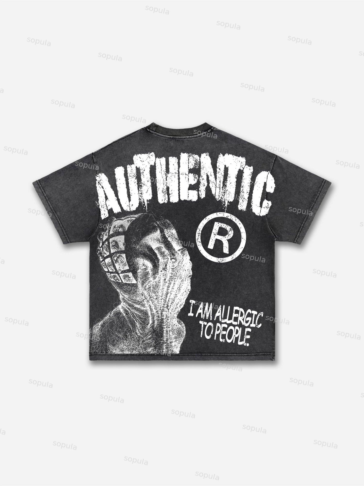 Vintage I Am Allergic To People Graphic Print Acid Wash T-shirt Product Image