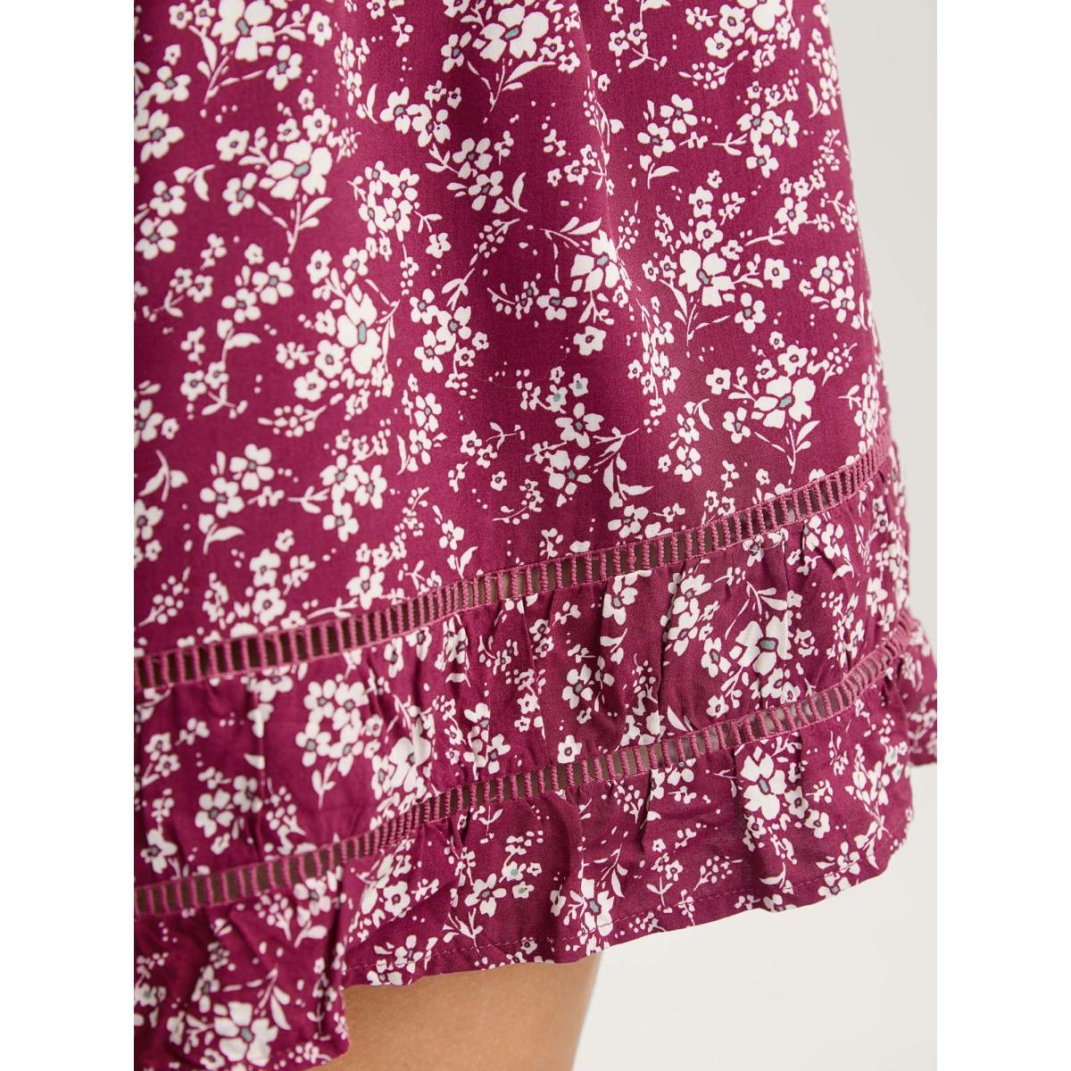 Plus Size Floral Waist-Tie Wide-Leg Shorts Women Burgundy Boho Patchwork Wide Leg Vacation Shorts BloomChic 28/5X Product Image
