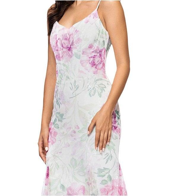 Betsy & Adam Sequin Floral Print V Neck Sleeveless Mermaid Gown Product Image