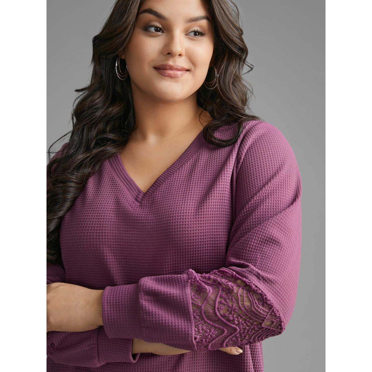 Plus Size V Neck Textured Lace Patchwork Sweatshirt Women Deeppurplered Casual Texture V-neck Everyday Sweatshirts BloomChic 14-16/1X Product Image