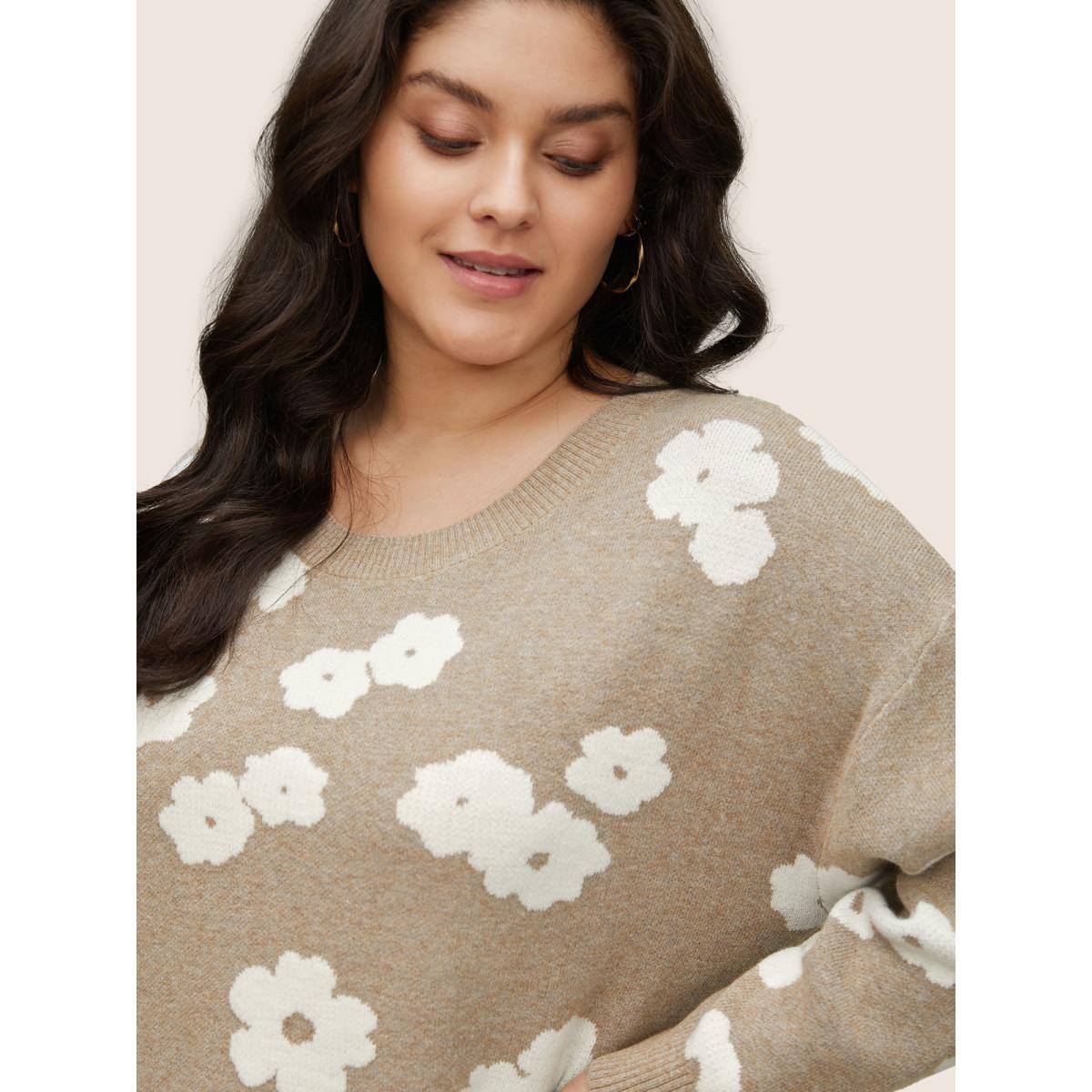 Plus Size Supersoft Essentials Floral Jacquard Pullover LightBrown Women Casual Loose Long Sleeve Round Neck Dailywear Pullovers BloomChic 22-24/3X Product Image