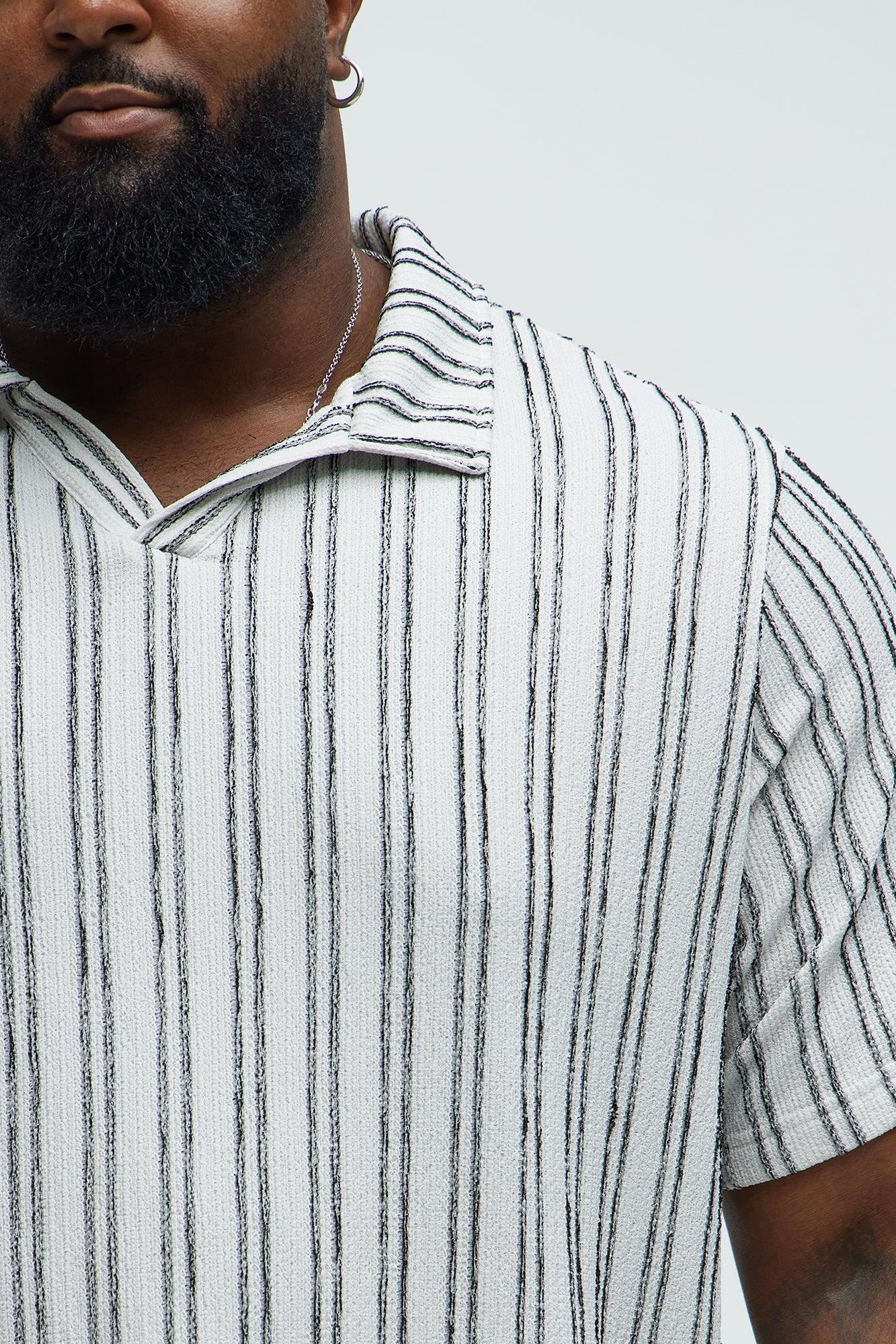 Glenley Texture Stripe Knit Johnny Collar Shirt - Grey/combo Product Image
