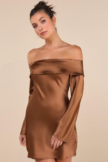 Luxurious Vision Brown Satin Off-the-Shoulder Mini Dress Product Image