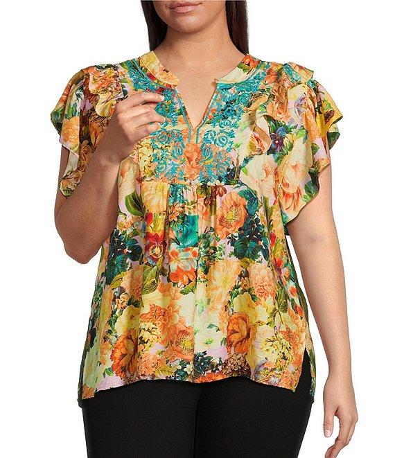 Calessa Plus Size Embroidered Vintage Floral Print Split V-Neck Ruffled Cap Sleeve Tunic Product Image