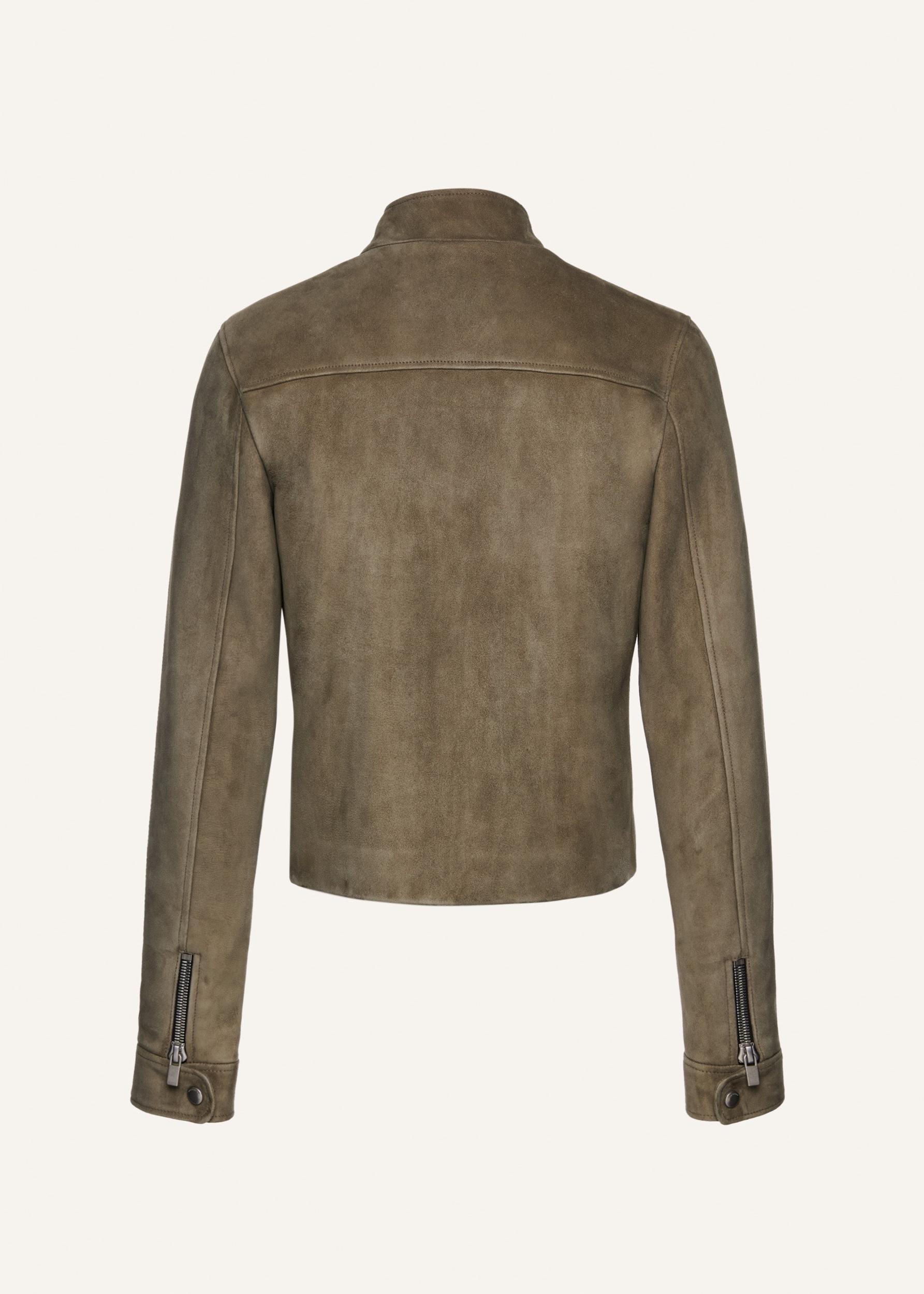 Fitted leather moto jacket in green suede Product Image