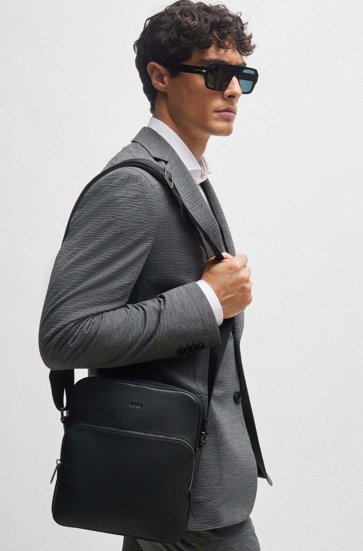 BOSS - Reporter bag in grained Italian leather with embossed logo - Black Product Image