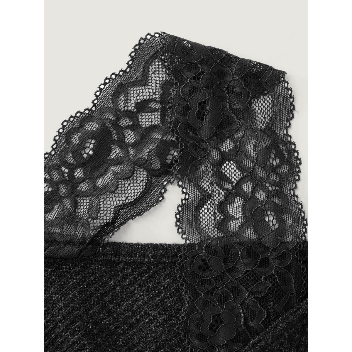 Plus Size Lace Trim Off-Shoulder Split Hem Midi Dress DarkGray Women Retro Overlap Collar Extra Long Sleeve Curvy BloomChic 30/6X Product Image