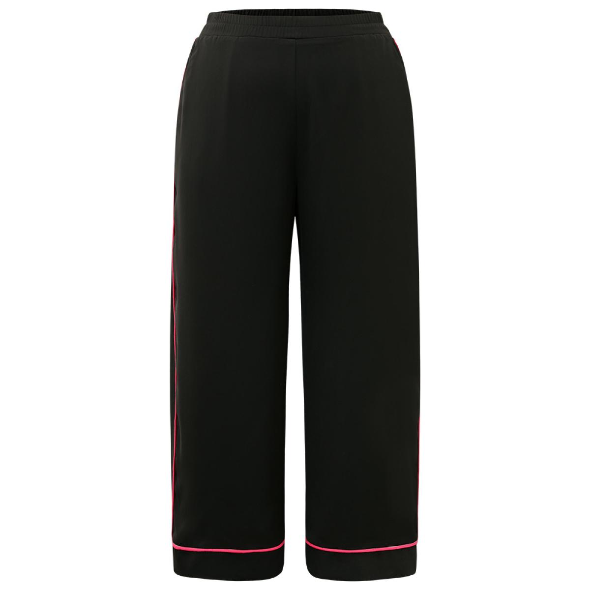 Plus Size Anti-Wrinkle Contrast Elastic Waist Seam Detail Loose Pants Women Black Office Wide Leg High Rise Office Pants BloomChic 12/L Product Image