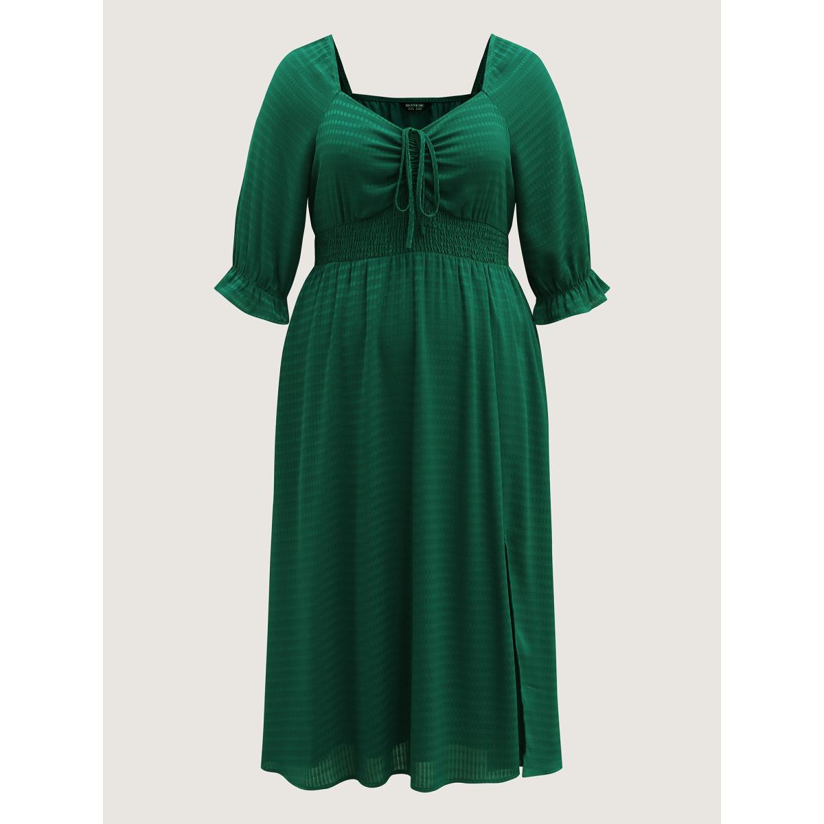 Plus Size Drawstring Cinched-Bust Sweetheart Maxi Dress Cyan Women Timeless Square Neck Elbow-length sleeve Curvy BloomChic 12/L Product Image