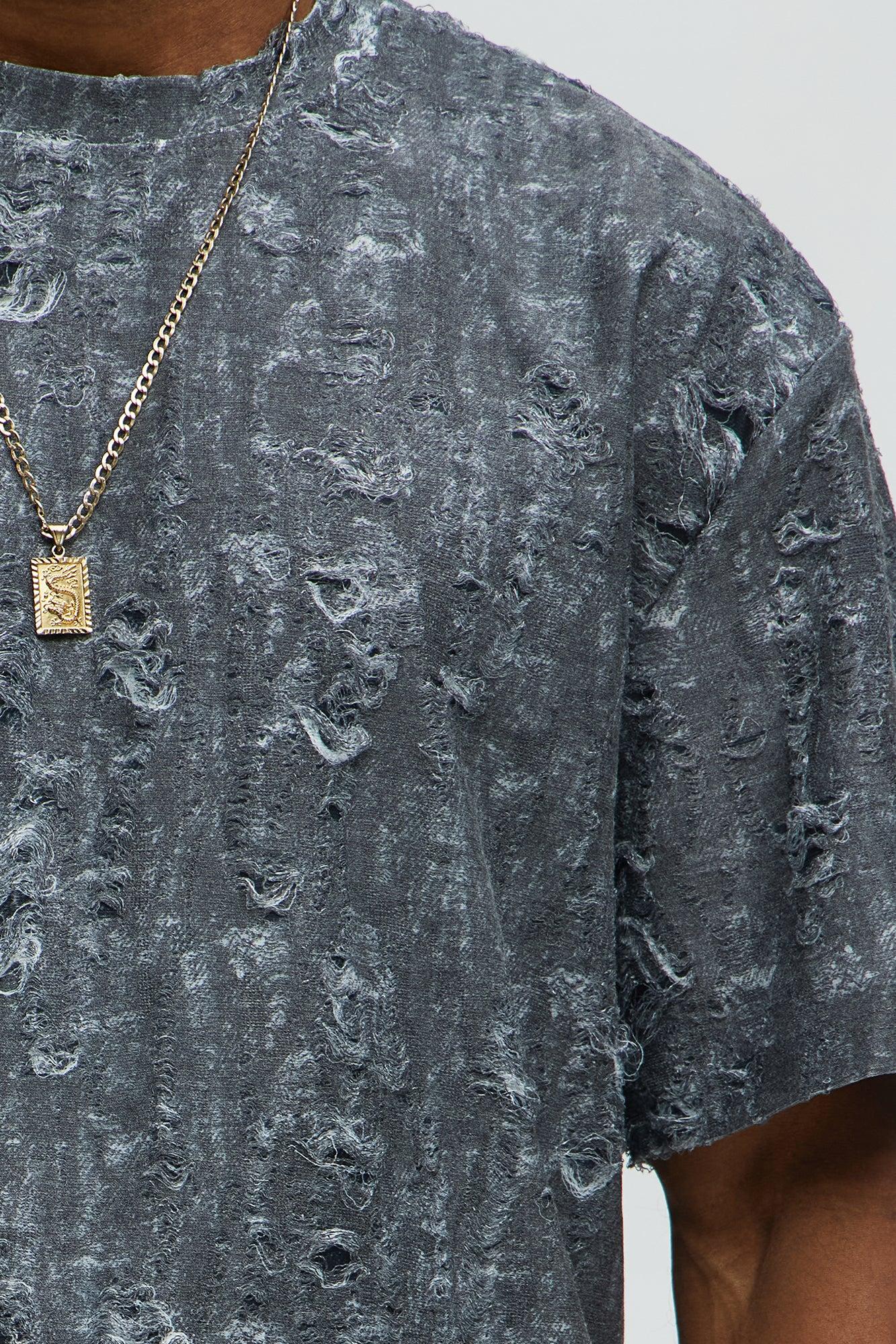 Distressed Relaxed Short Sleeve Tee Shirt - Charcoal Male Product Image