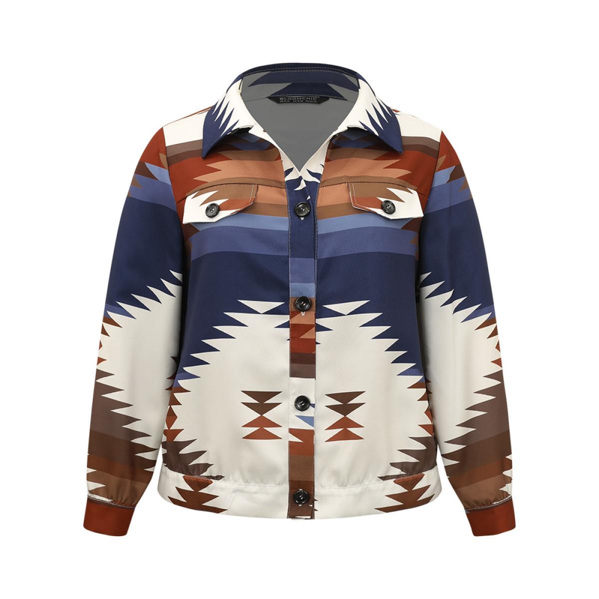 Plus Size Bandana Geometric Contrast Shirt Collar Shacket Women DarkBlue Contrast Dailywear Jackets BloomChic 18-20/2X Product Image