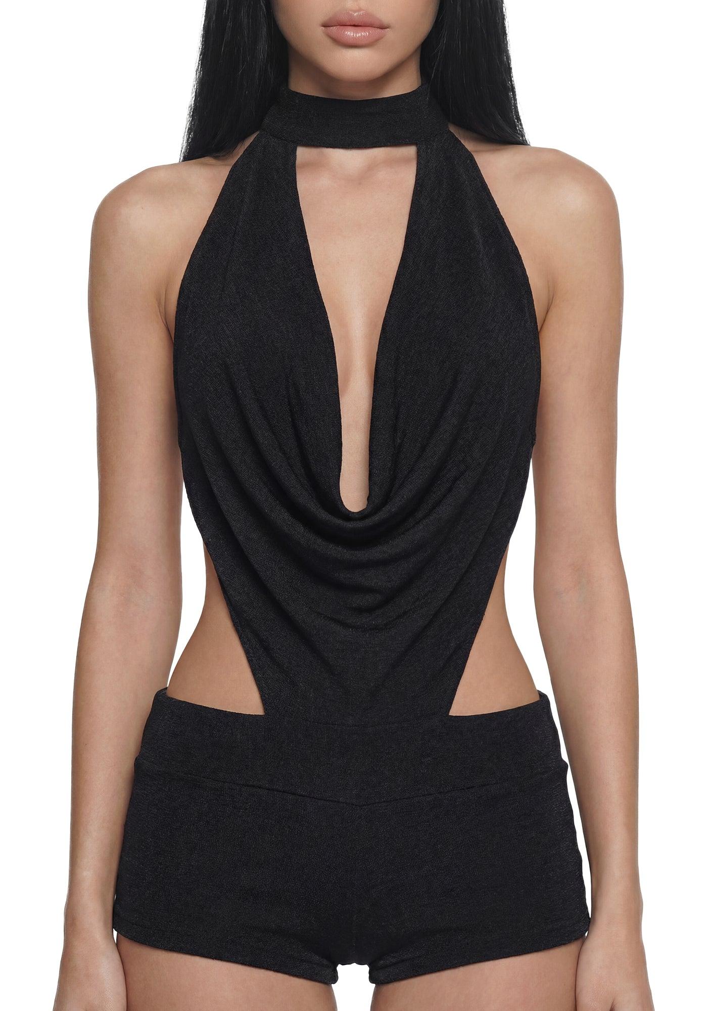 Darker Wavs Analog Cowl Neck Choker Romper Rave Sleaze - Black Product Image