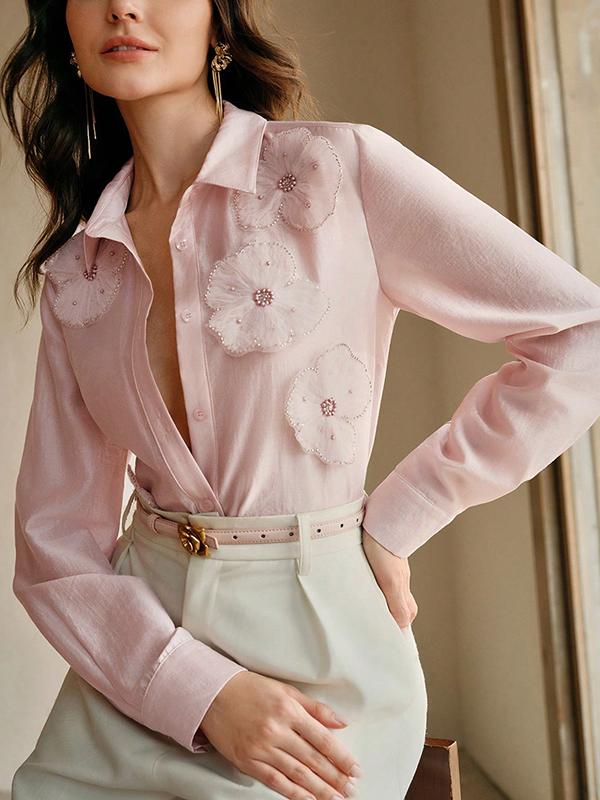 Long Sleeves Applique Split-Joint Lapel Blouses&Shirts Tops Product Image