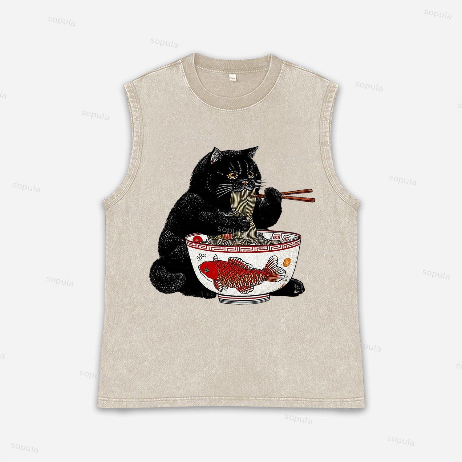 Fat Cat Eating Ramen Acid Washed Tank Top Product Image