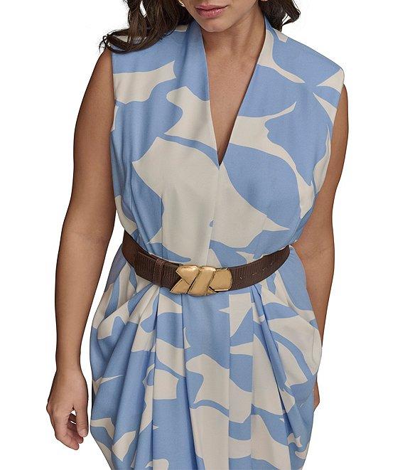 Donna Karan Plus Size Dot Crepe V-Neck Sleeveless Belted Sheath Midi Dress Product Image