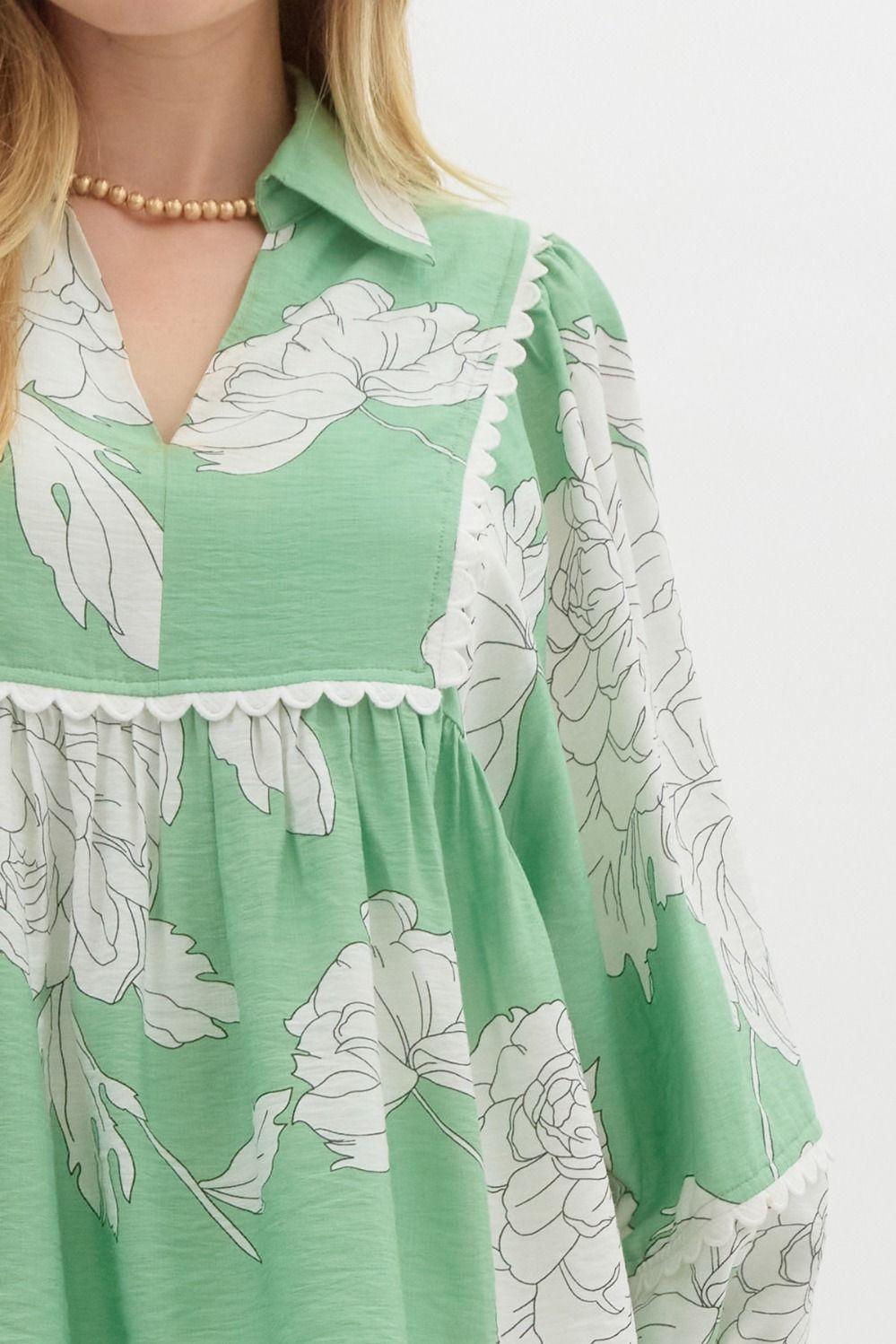 Sweet & Scalloped Mint Floral Blouse Product Image
