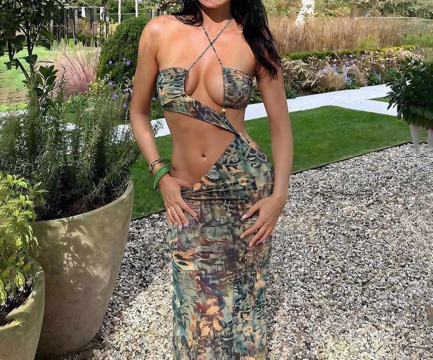 Halter Patterned Print Cutout Slit Maxi Sheath Dress Product Image