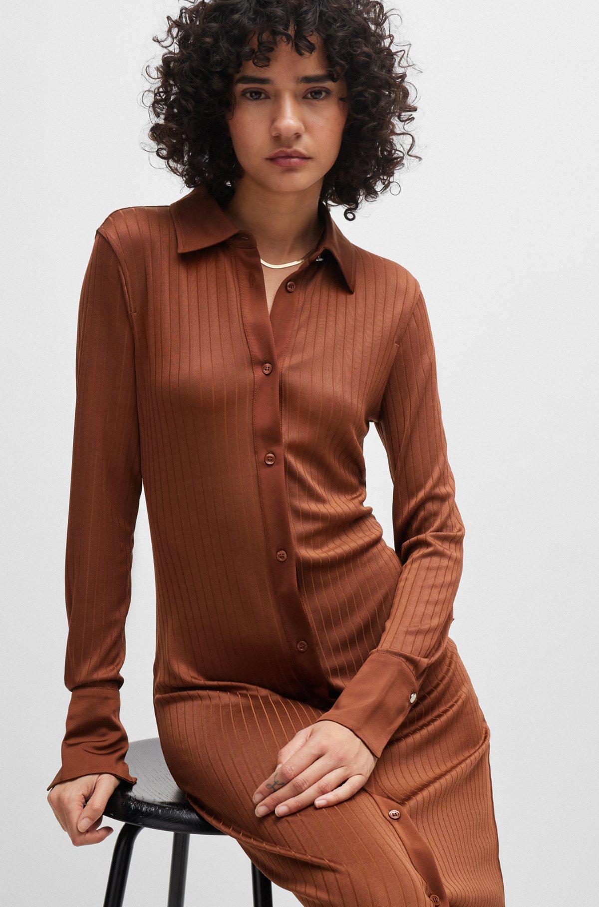 BOSS - Long-length shirt-style dress in ribbed jersey - Brown Product Image