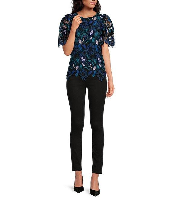 Abbey Glass Marty Woven Floral Lace Crew Neck Sheer Short Puff Sleeve Blouse Product Image