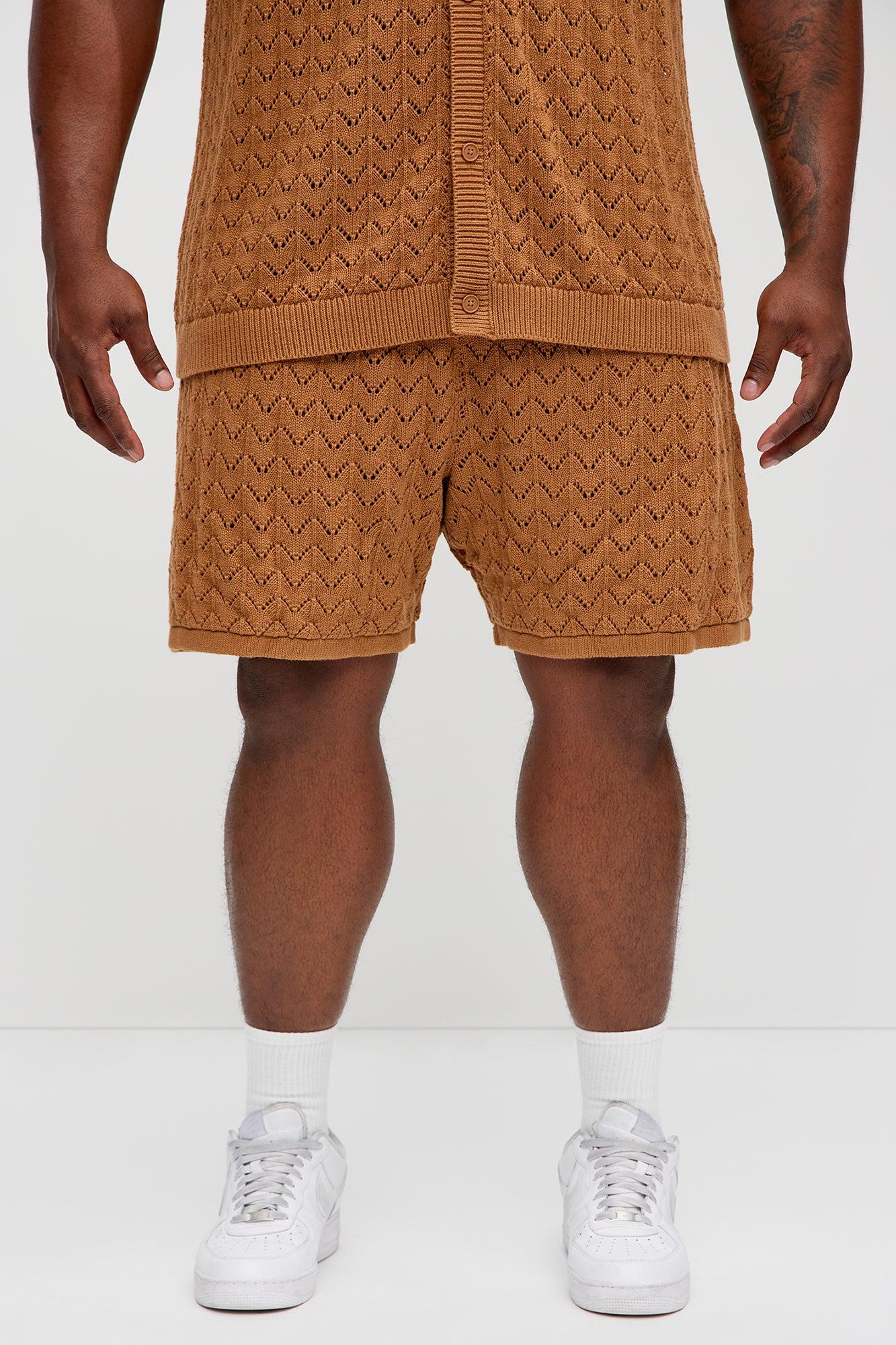 Waterfall Texture Open Knit Shorts - Brown Product Image