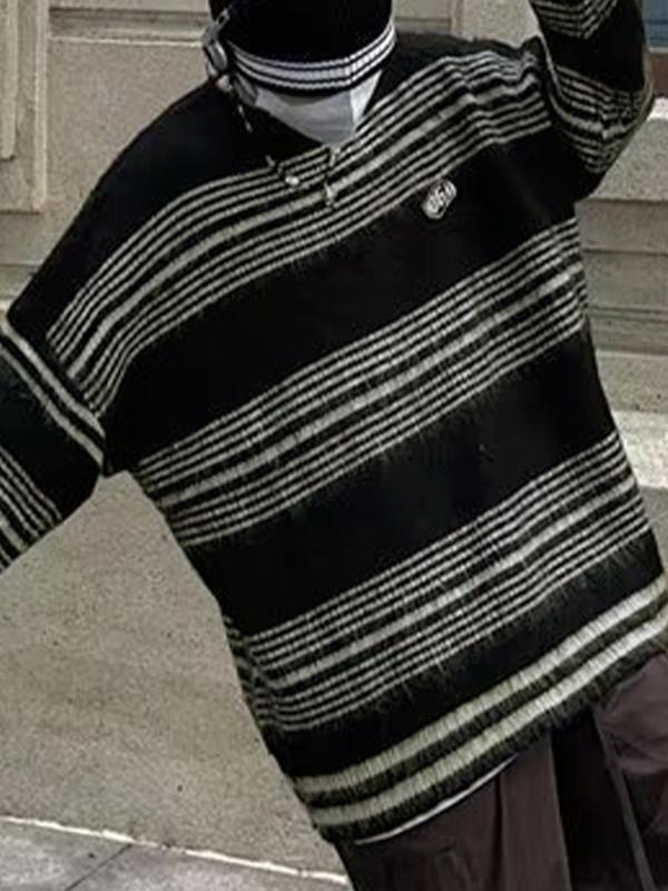 Men' Fuzzy Stripe Print Loose Sweater Product Image