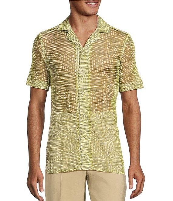 Murano Crocodile World Collection Open Weave Line Print Camp Collar Woven Shirt Product Image