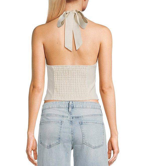 Moa Moa V-Neck Halter Faux Suede Smocked Top Product Image