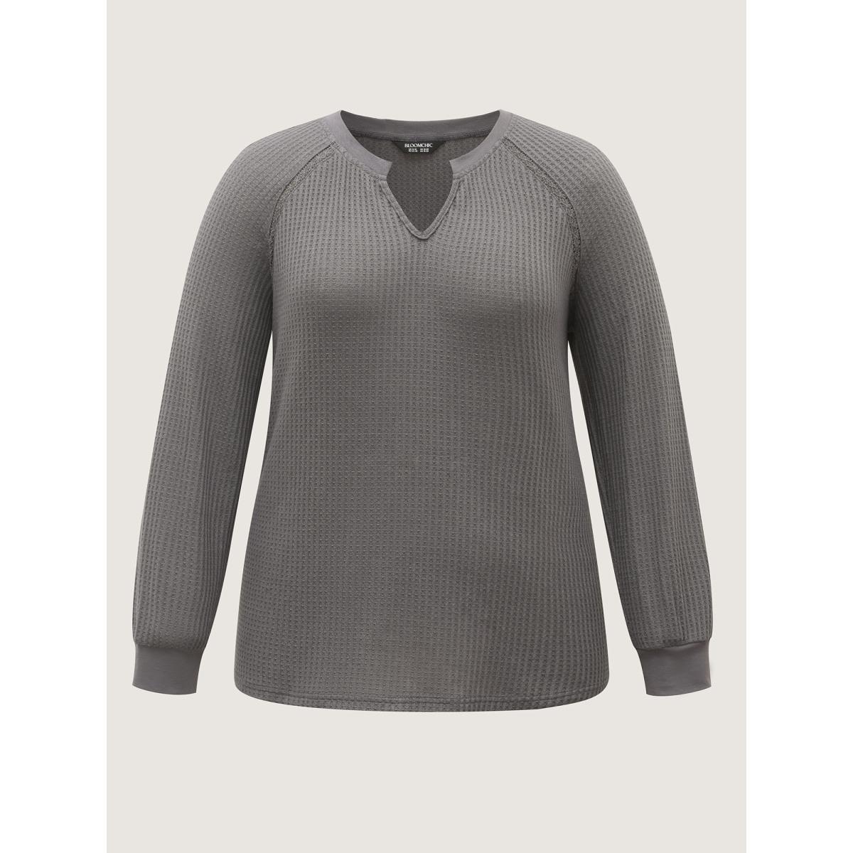 Plus Size Waffle Grid Notched Collar Lace Sweatshirt Women DimGray Leisure Woven ribbon&lace trim Flat collar with V-notch Casual Sweatshirts BloomChic 18-20/2X Product Image