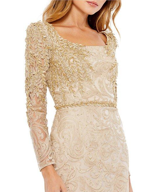 Mac Duggal Embroidered Applique Square Neck Long Sleeve Trumpet Gown Product Image