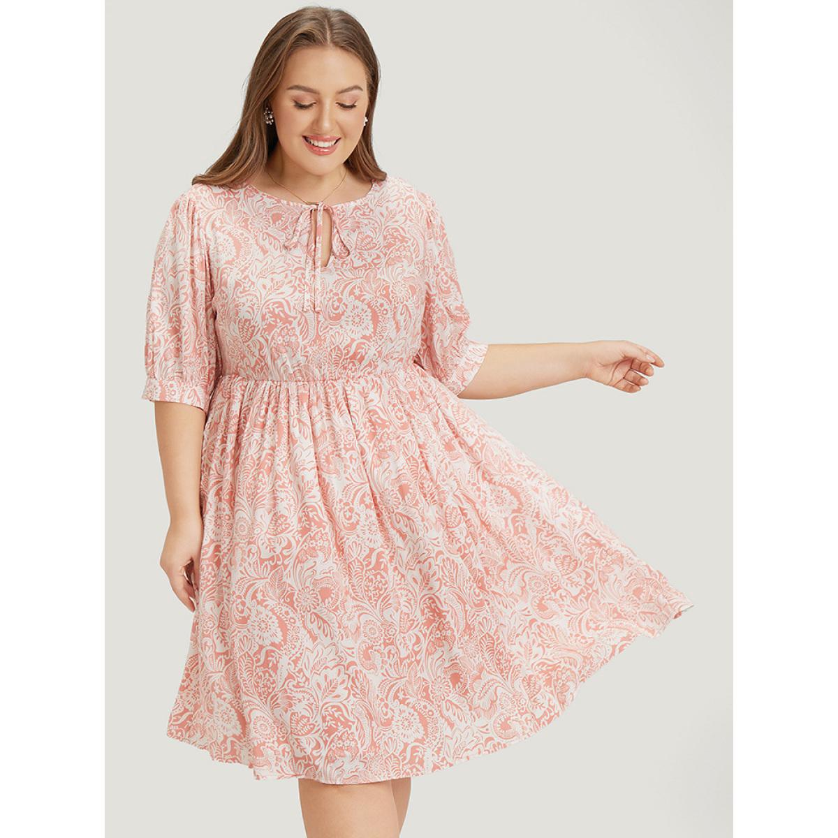 Plus Size Floral Puff Sleeve Pocket Flutter Keyhole Knot Neck Dress Coral Women Vacation Ruffles Tie Neck Short sleeve Curvy Knee Dress BloomChic 14-16/1X Product Image