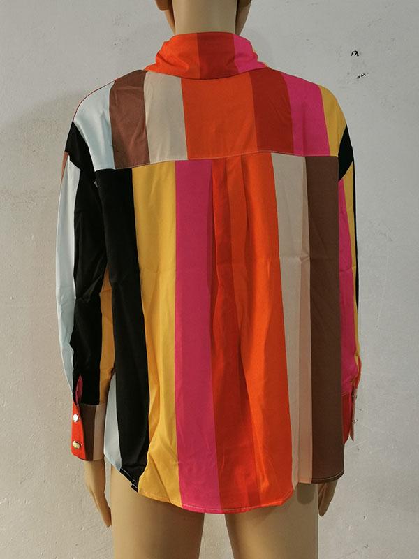 Long Sleeves Loose Contrast Color Printed Lapel Blouses Product Image