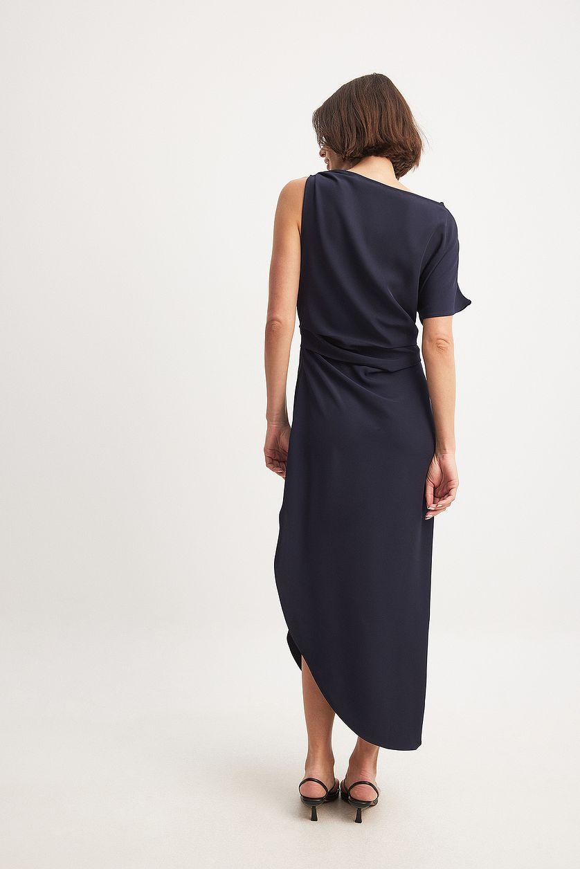 Woven One Sleeve Draped Detail Asymmetric Dress Product Image
