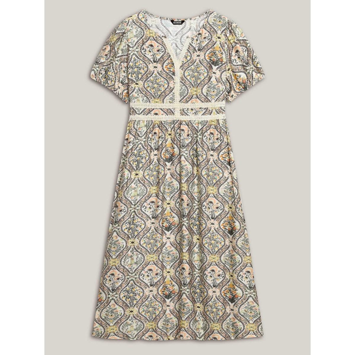 Plus Size Ornate Print Lace Neck Midi Dress Greenbean Women Timeless Notched collar Short sleeve Curvy BloomChic 14-16/1X Product Image