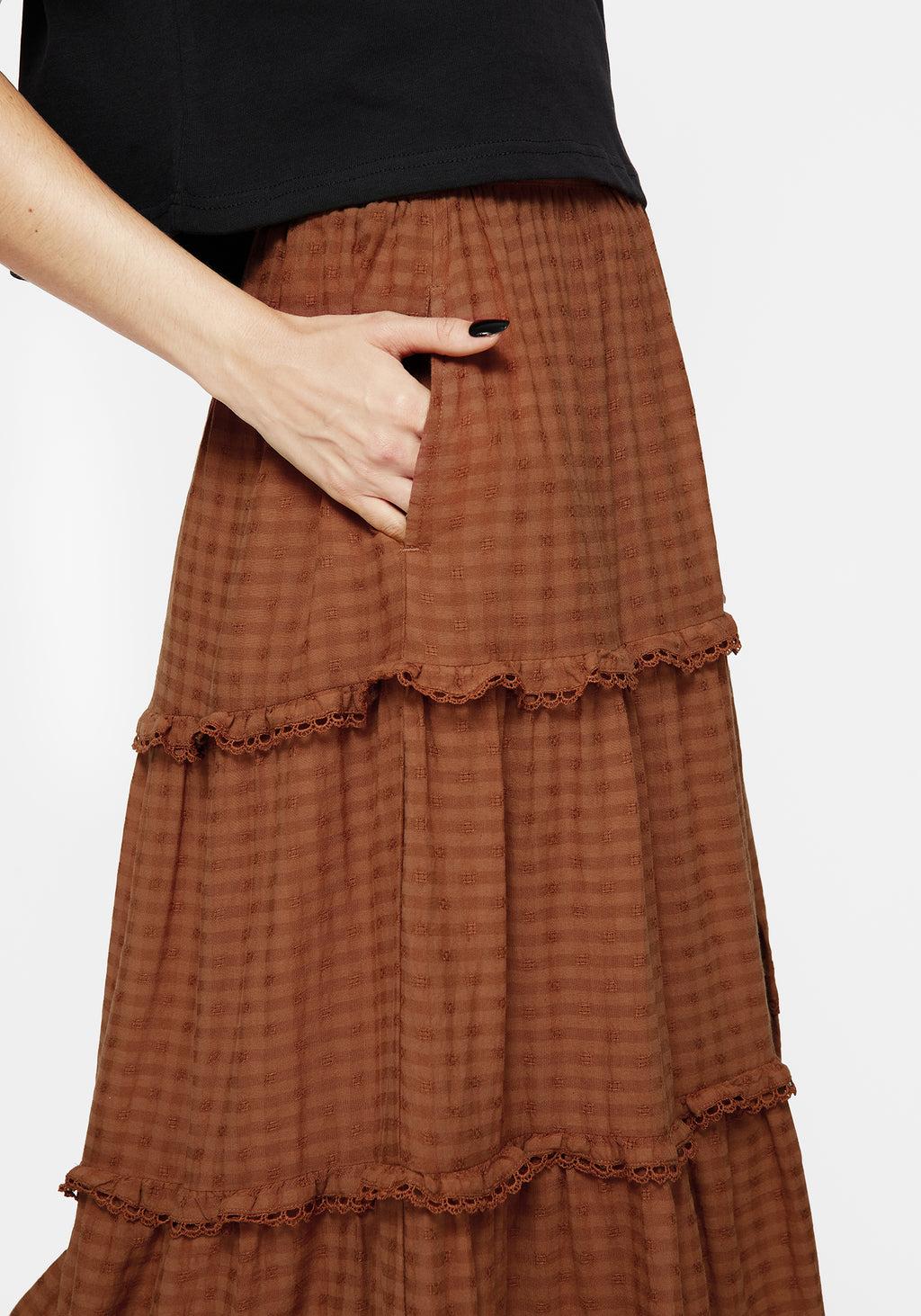 Soleil Cotton-Blend Check Tiered Maxi Skirt Product Image