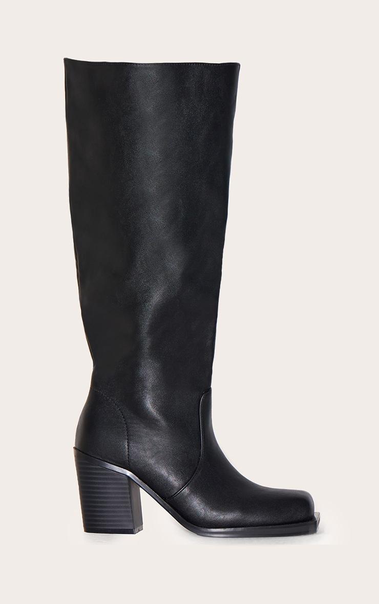 Black Pu Square Toe High Block Heel Knee High Boots Product Image