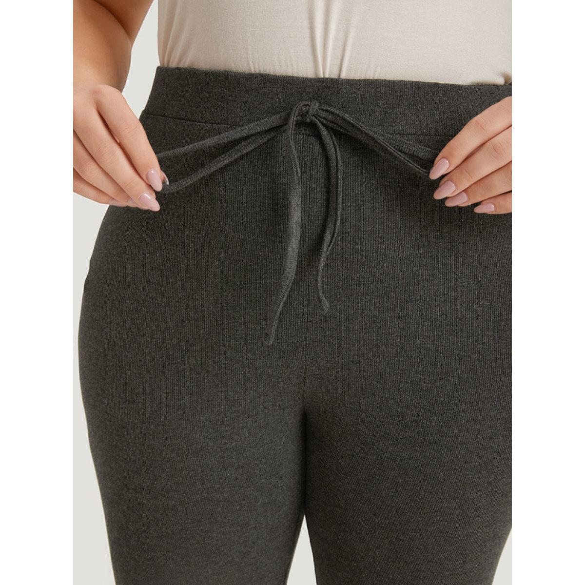 Plus Size Plain Ties Elastic Waist Skinny Leggings Women DimGray Casual High stretch Skinny High Rise Dailywear Leggings BloomChic 18-20/2X Product Image