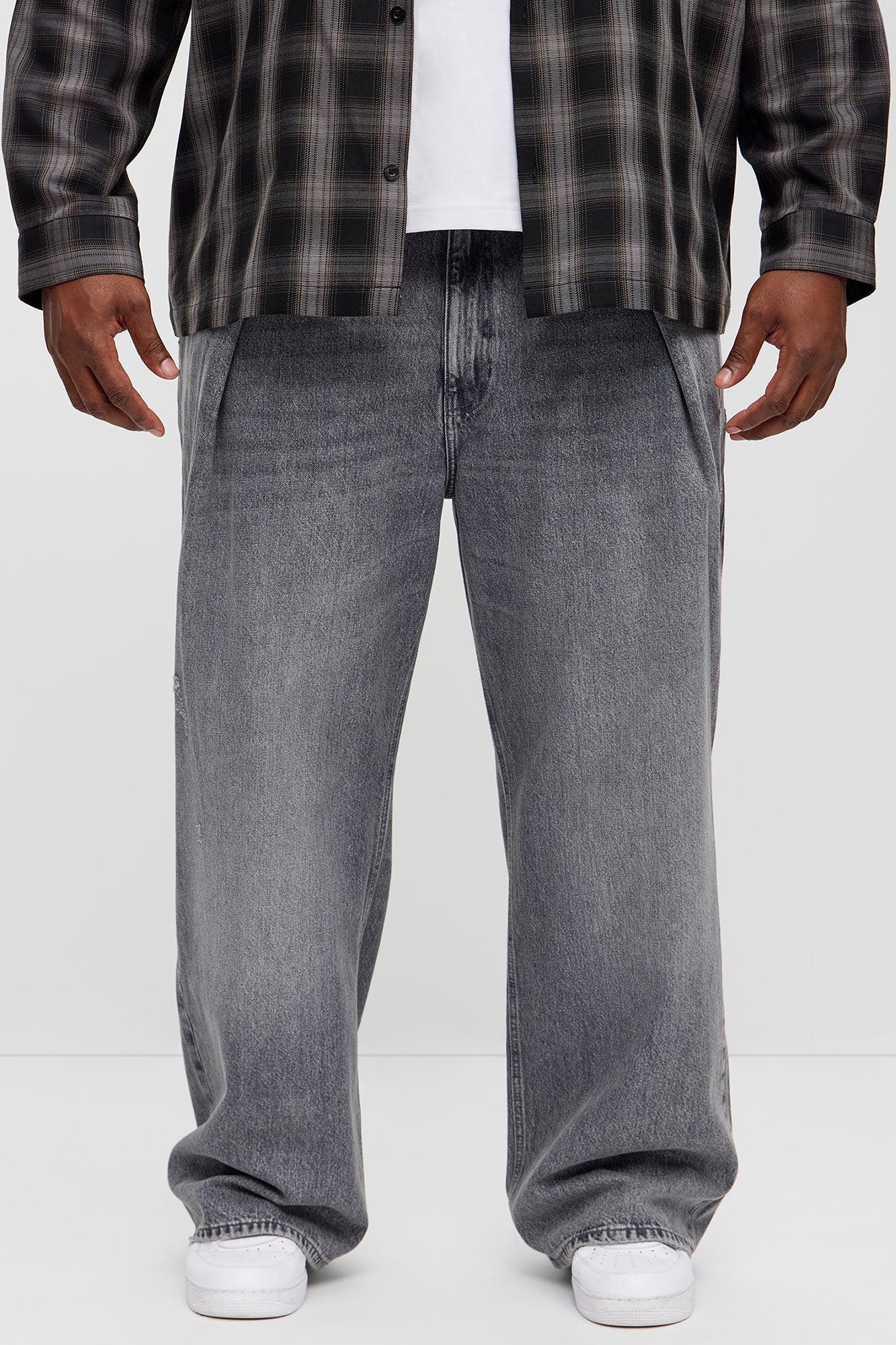 Boxed Pleated Baggy Jeans - Black Wash Product Image