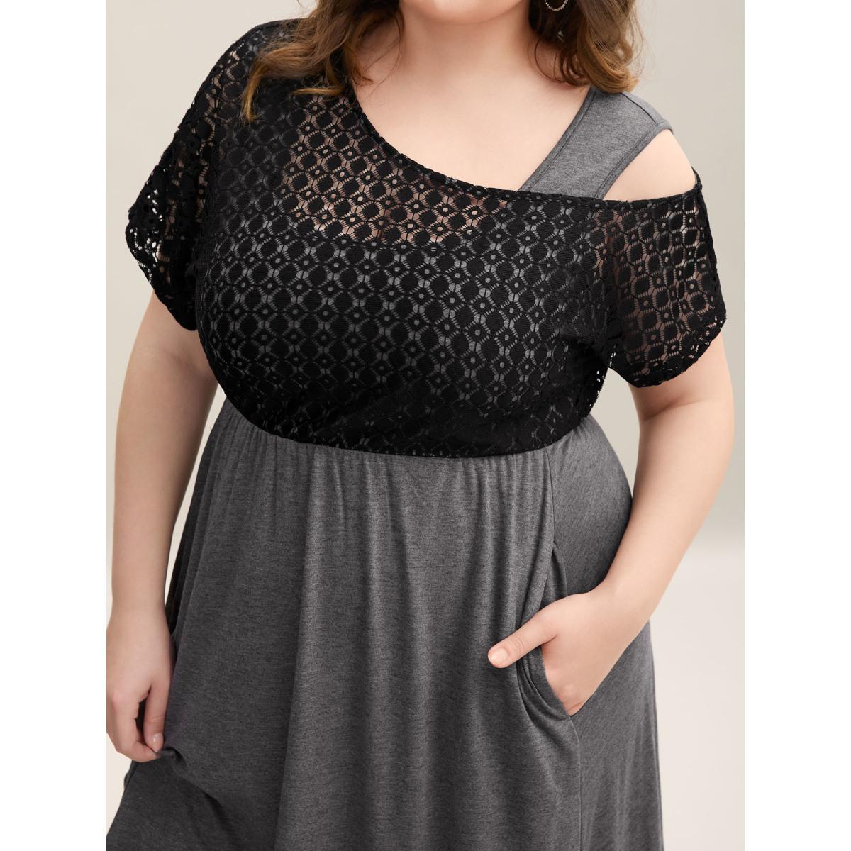 Plus Size Plain Weave One-Shoulder Knit Midi Dress DarkGray Women Casual Texture Asymmetrical Neck Short sleeve Curvy BloomChic 22-24/3X Product Image