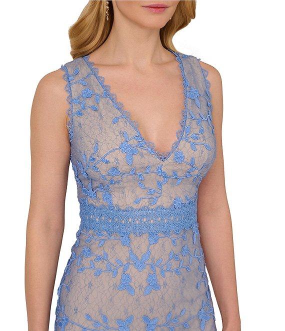 Adrianna Papell Embroidered Lace V-Neck Sleeveless Sheath Gown Product Image