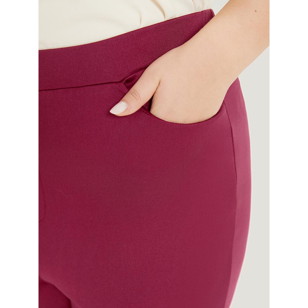 Plus Size Plain Slant Pocket Elastic Waist High Rise Bootcut Pants Women Burgundy Office Bodycon High Rise Work Pants BloomChic 12/L Product Image