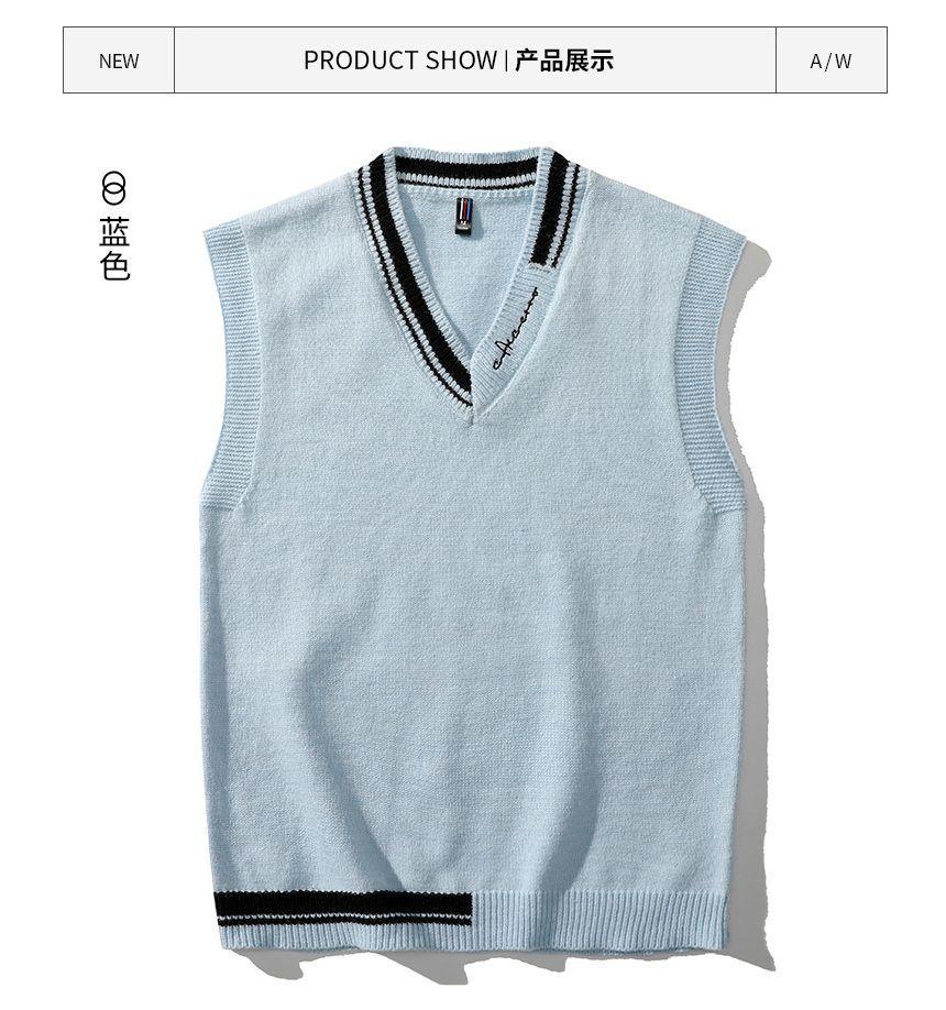 V-Neck Lettering Embroidery Contrast Trim Loose-Fit Sweater Vest Product Image