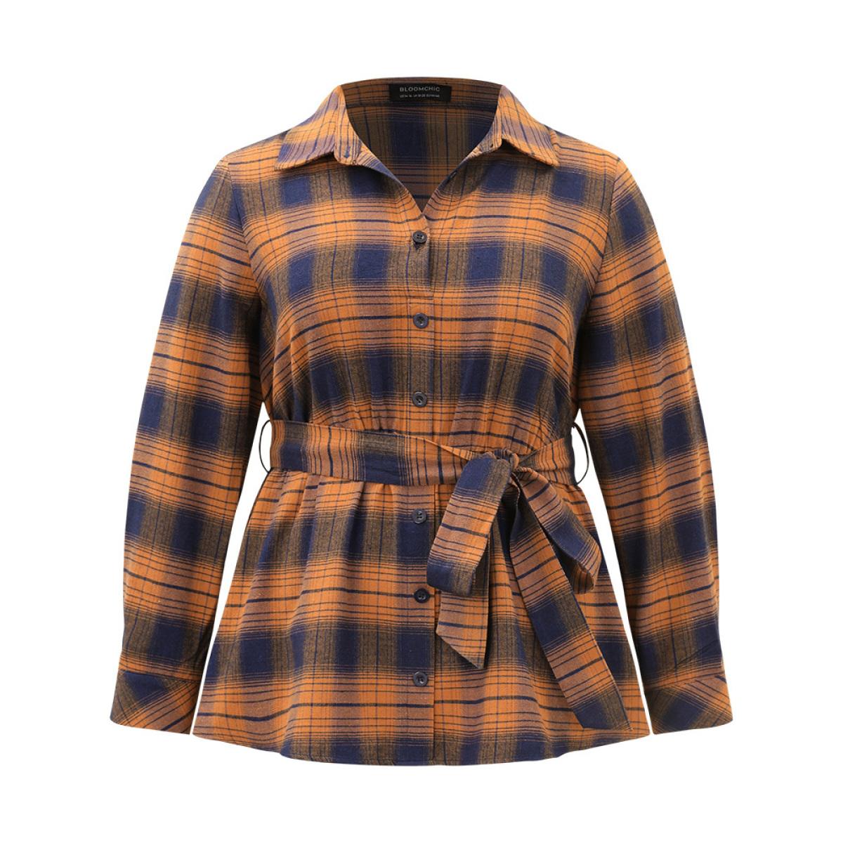 Plus Size Chocolate Plaid Elastic Waist Shirt Collar Blouse Women Elegant Long Sleeve Shirt collar Dailywear Blouses BloomChic 10/M Product Image