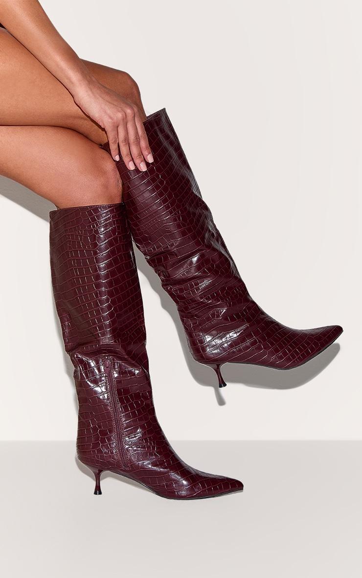 Burgundy Croc PU Point Toe Low Heel Knee High Boots Product Image