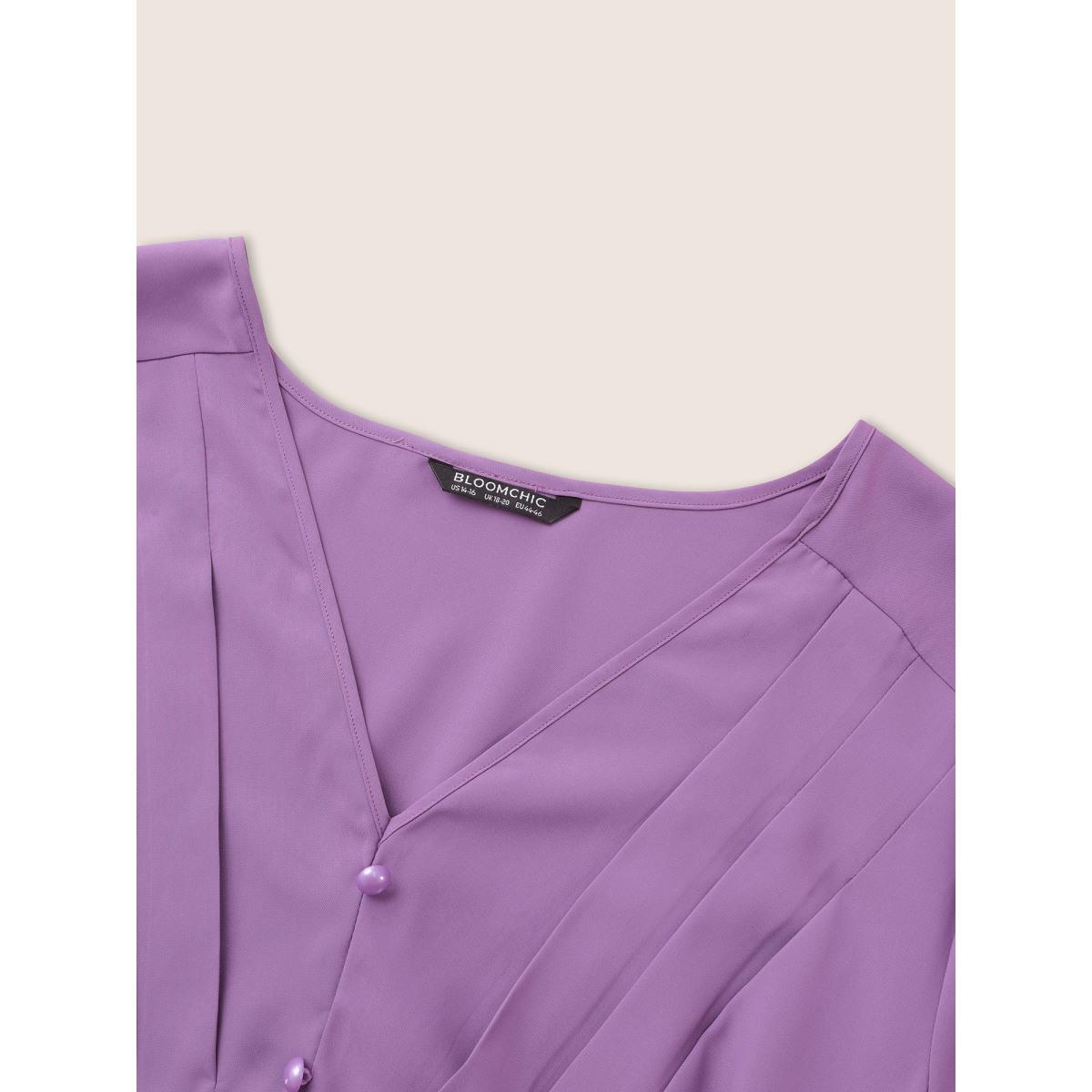 Plus Size Solid Patchwork Pleated Button Detail Dress Mauve Women At the Office Non V-neck Elbow-length sleeve Curvy Midi Dress BloomChic 30/6X Product Image