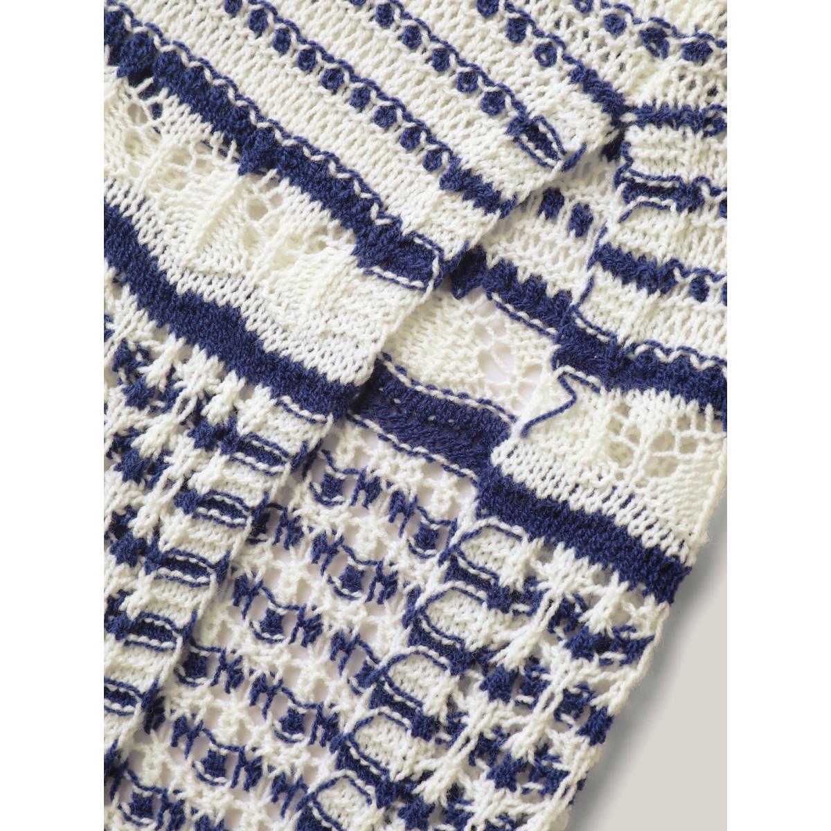 Plus Size Stripes Crochet V-Neck Swim Cover-Up Women's Swimwear Indigo Resort Loose Texture Curve Swim Cover Ups BloomChic 18-20/2X Product Image